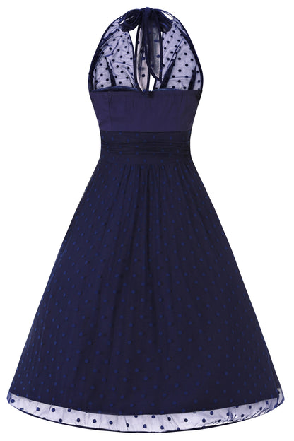 Dorothea Navy Blue Polka Dot Mesh Halter Dress