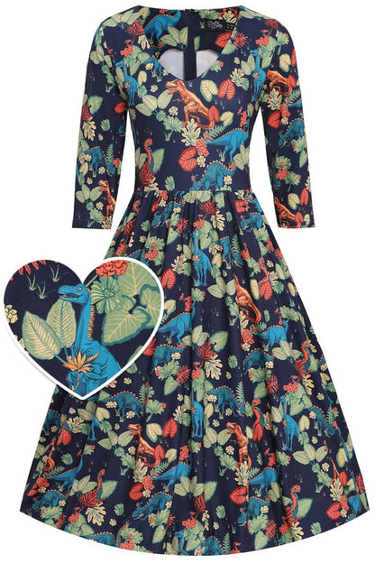 Billie Navy Blue Tropical Dinosaur Dress