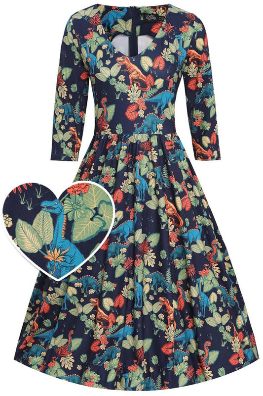 Billie Navy Blue Tropical Dinosaur Dress