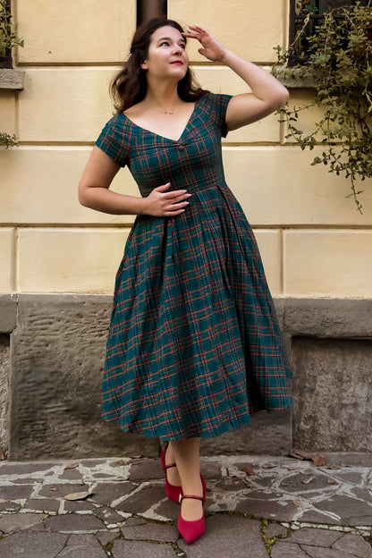 Lily Green Tartan Off Shoulder Swing Dress