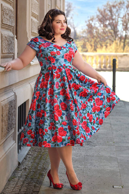 Lily Pink Peony Off Shoulder Dress In Blue