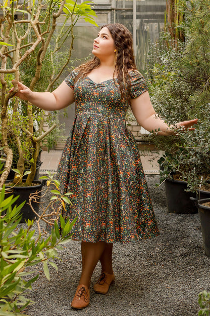 Lily Owl & Deer Off Shoulder Dress In Dark Green