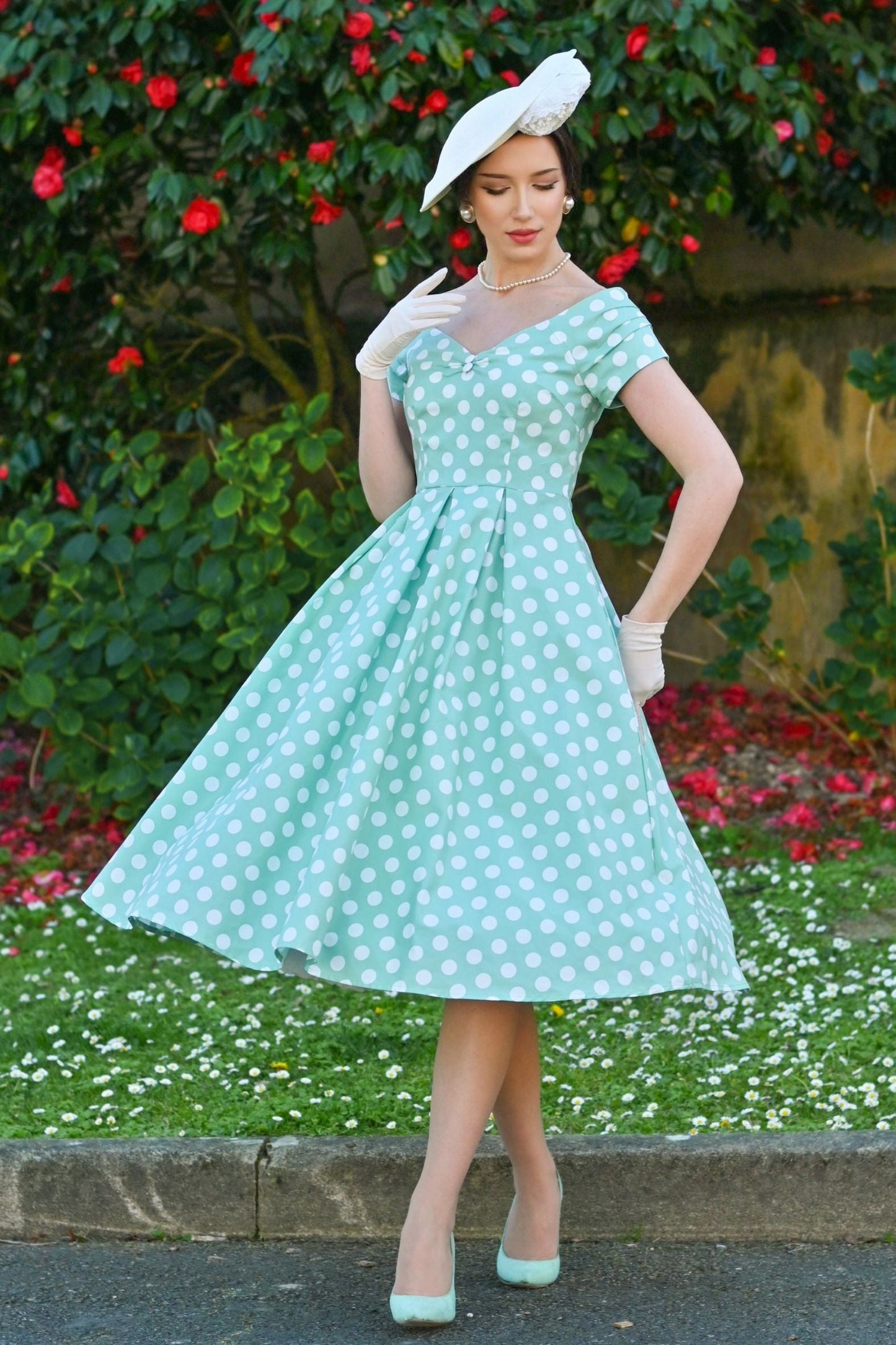 Lily Sage Polka Dot Off Shoulder Dress