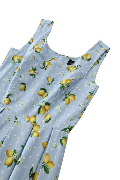 Ophelia Blue Midi Dress in Lemons and Spots