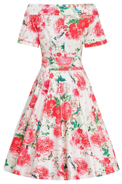 Darlene Vintage Peony Floral Tea Dress In White & Pink