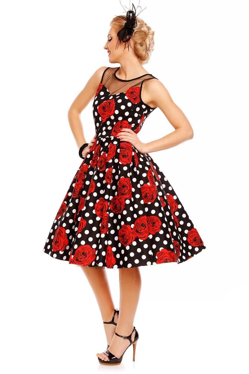 Elizabeth Vintage Style Polka Roses Party Dress in Black-Red