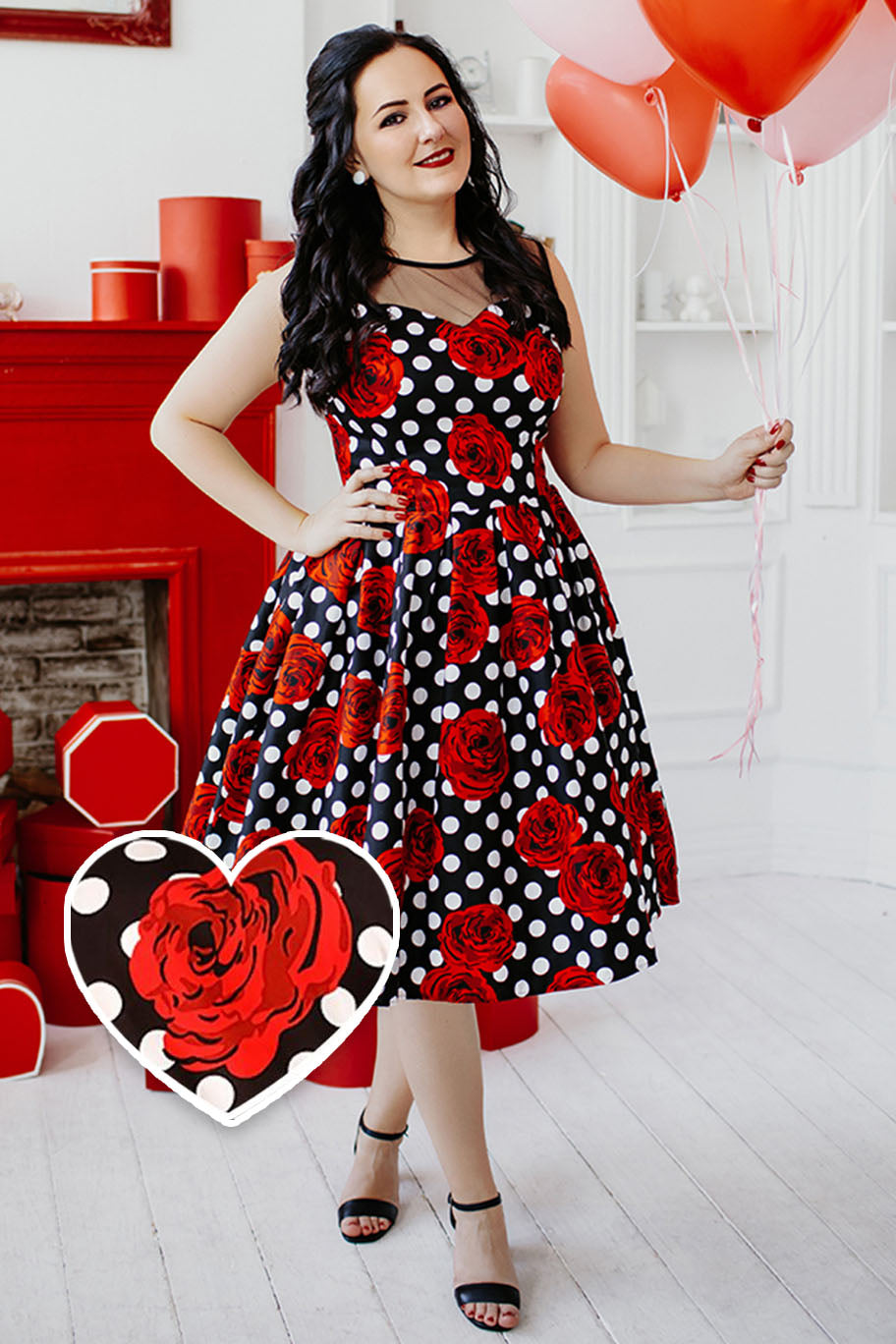 Elizabeth Vintage Style Polka Roses Party Dress in Black-Red