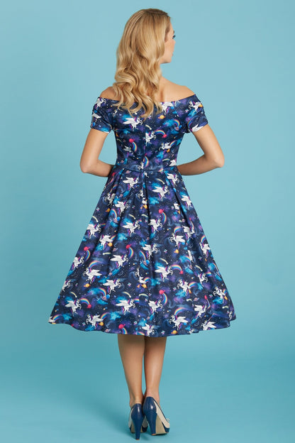 Lily Retro Off Shoulder Unicorn Swing Dress