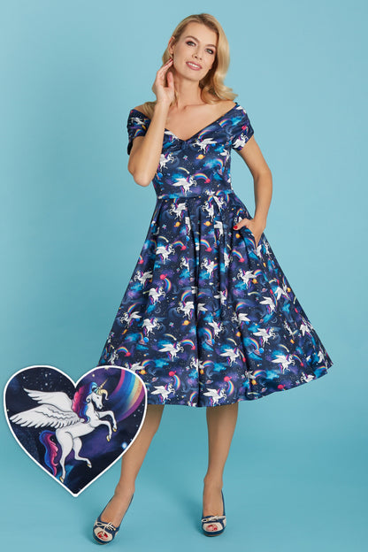 Lily Retro Off Shoulder Unicorn Swing Dress