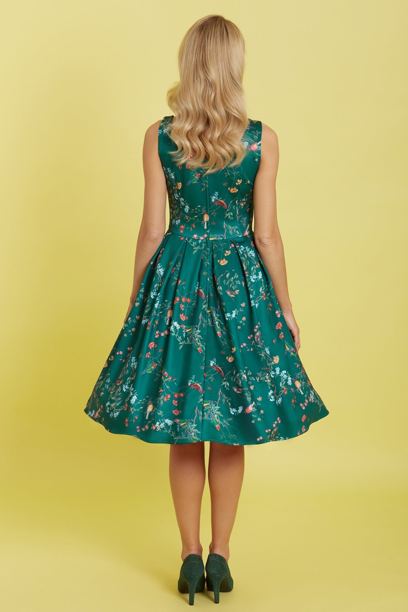 Amanda Vintage Inspired Forest Green Bird Print Dress