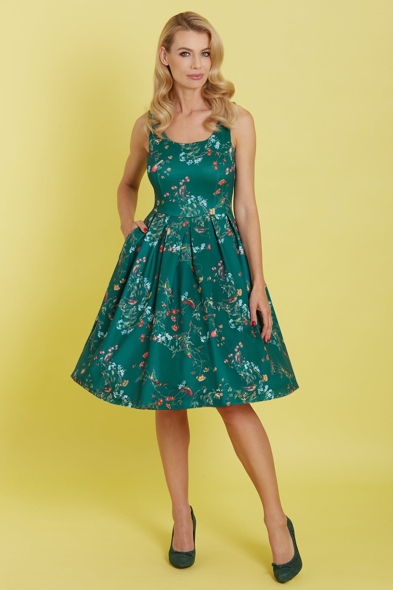Amanda Vintage Inspired Forest Green Bird Print Dress