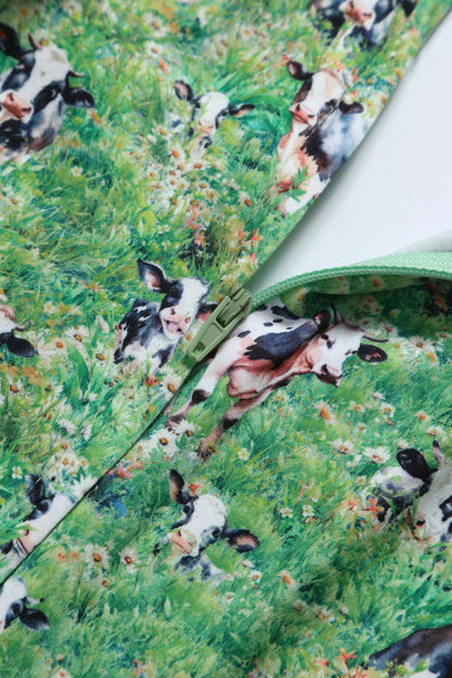 Palma Short Sleeved Tea Dress in Green Cow Field Print
