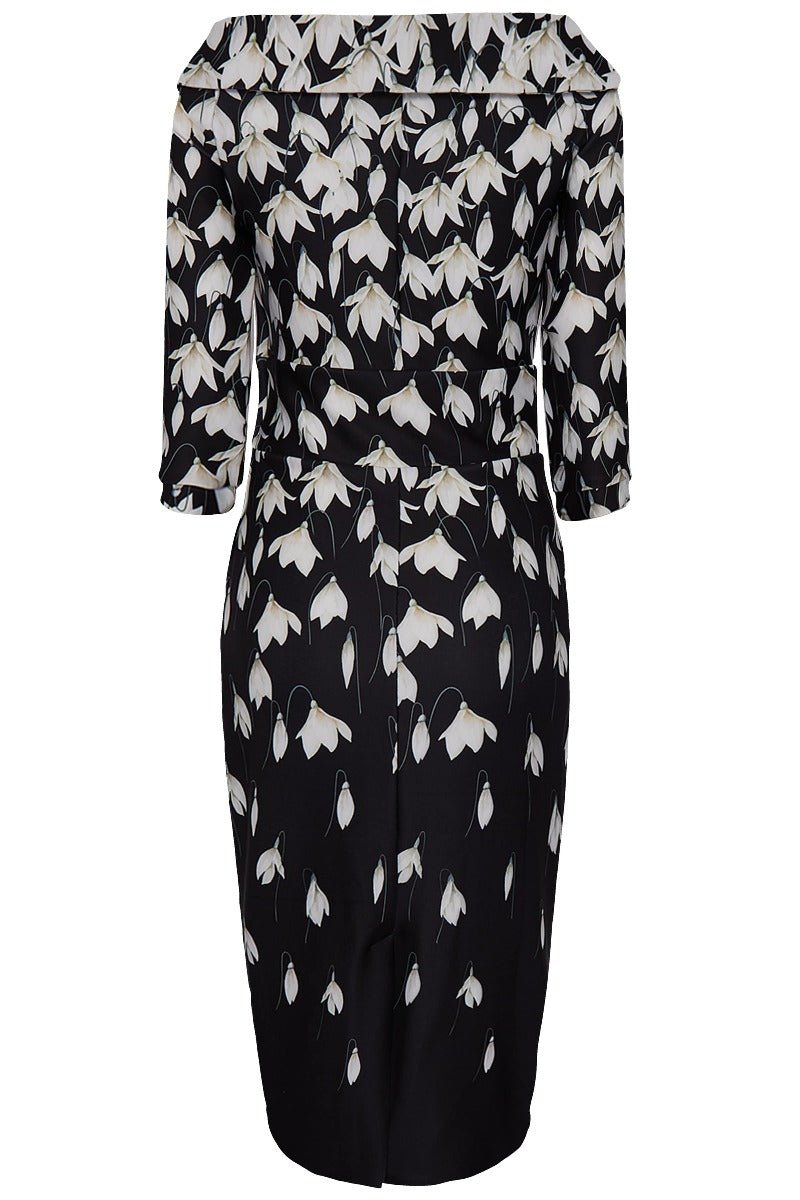 Denise Vintage Inspired Wiggle Dress-Black Snowdrop Flowers