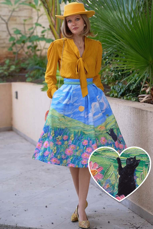 Aisley Cat Adventure Pleated Midi Skirt