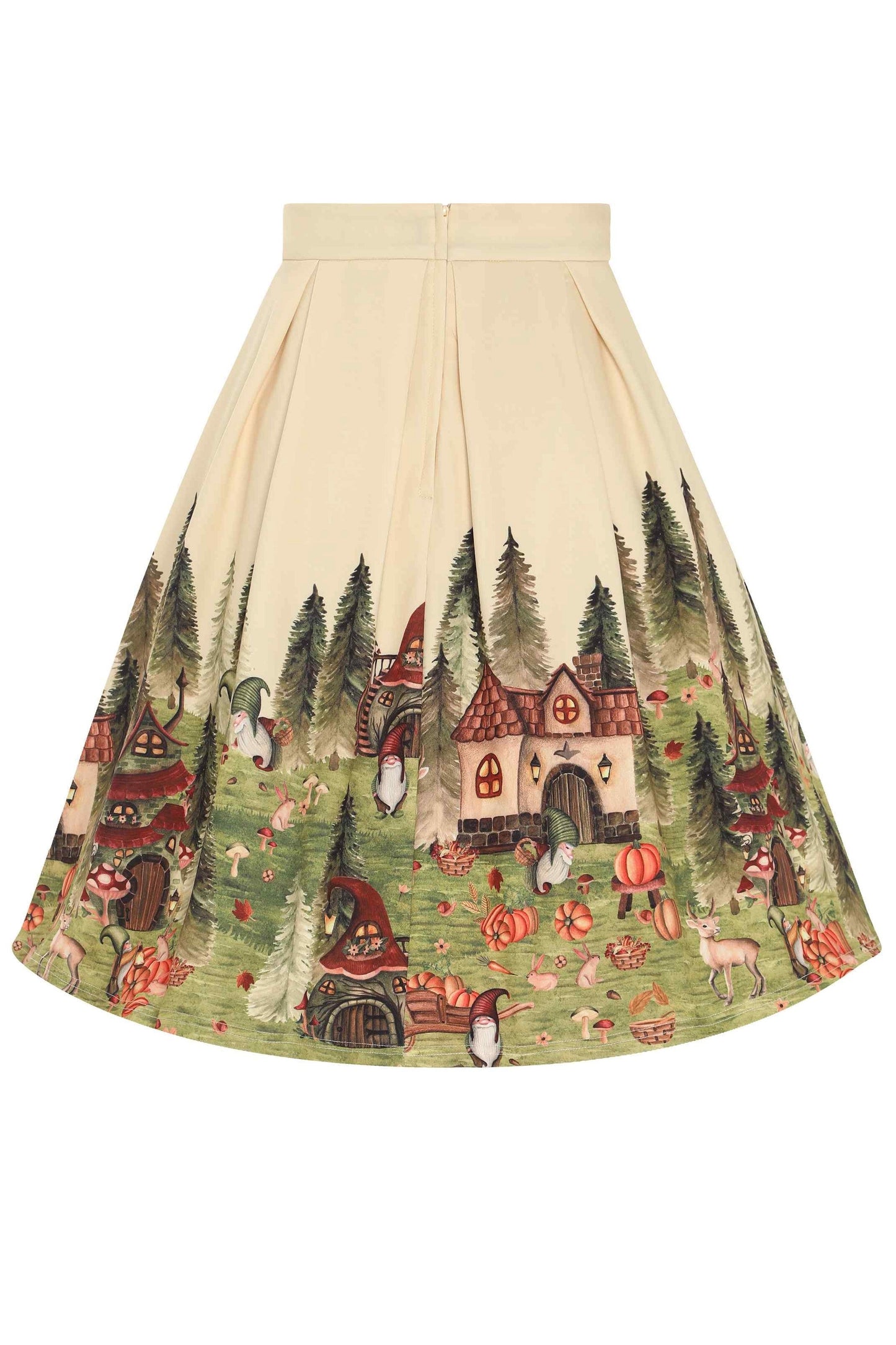 Aisley Gnome Village Pleated Midi Skirt in Cream/Green