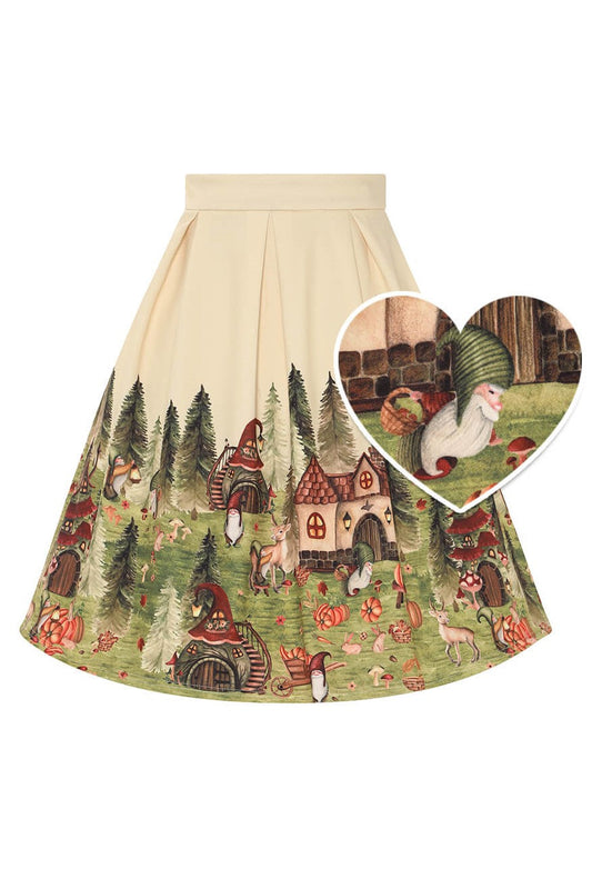 Aisley Gnome Village Pleated Midi Skirt in Cream/Green