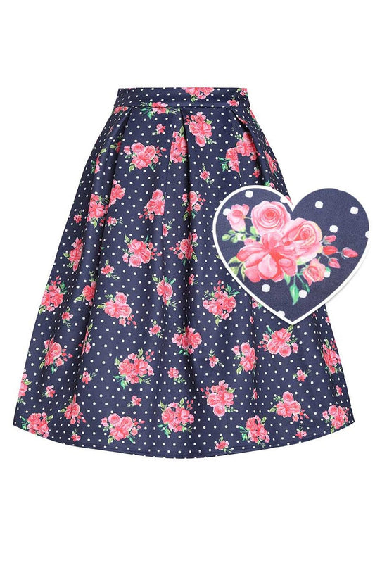 Aisley Polka Rose Midi Skirt In Blue/Pink