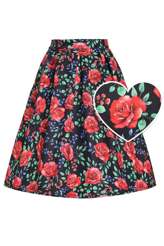 Aisley Red Rose Midi Skirt in Black/Red