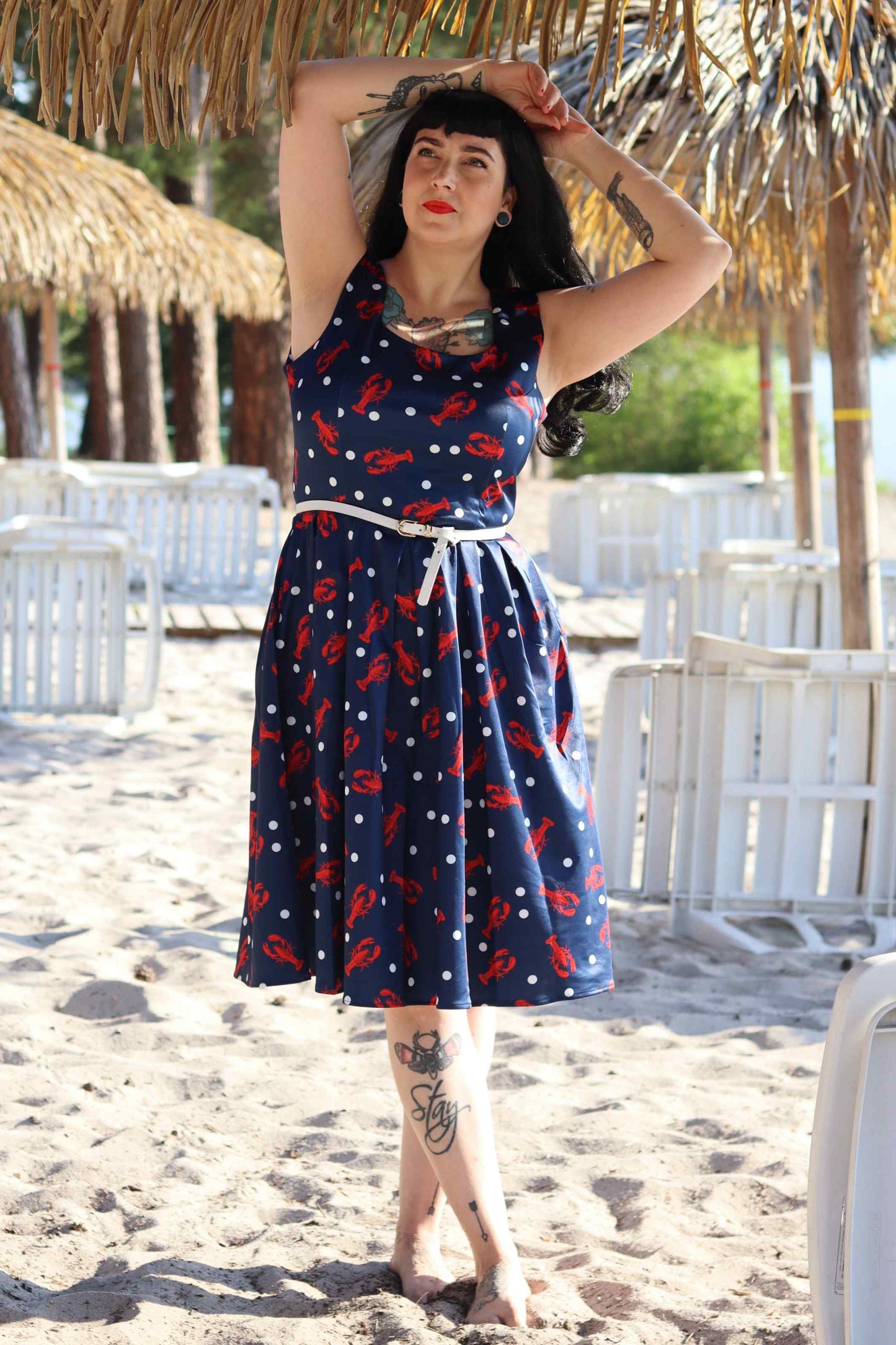 Gorgeous Amanda 50s Inspired Navy Swing Dress with Red Lobsters and White Dots
