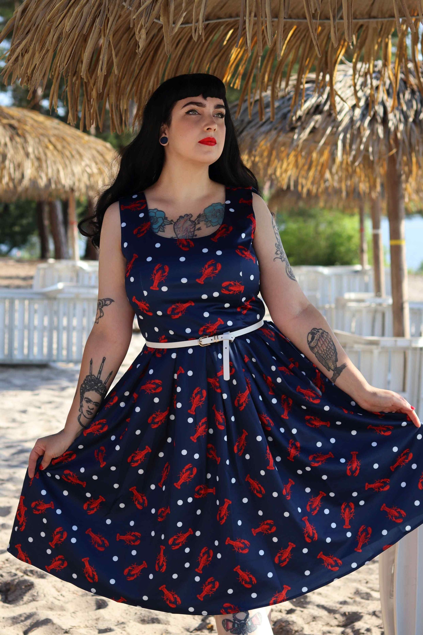 Gorgeous Amanda 50s Inspired Navy Swing Dress with Red Lobsters and White Dots