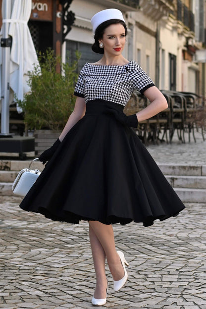 Darlene Houndstooth Roll Collar Circle Dress