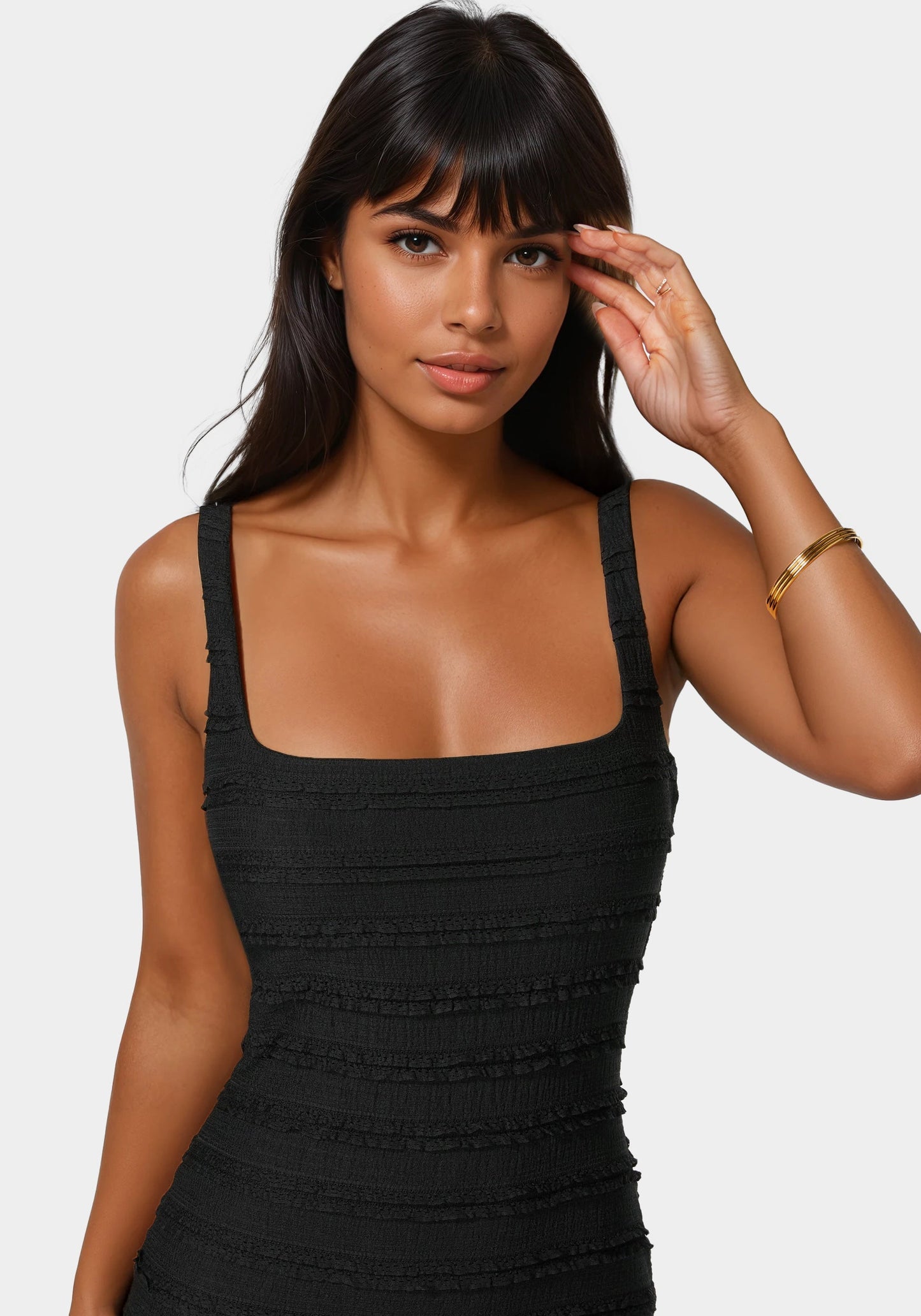 Square Neck Fluted Hem Midi Dress