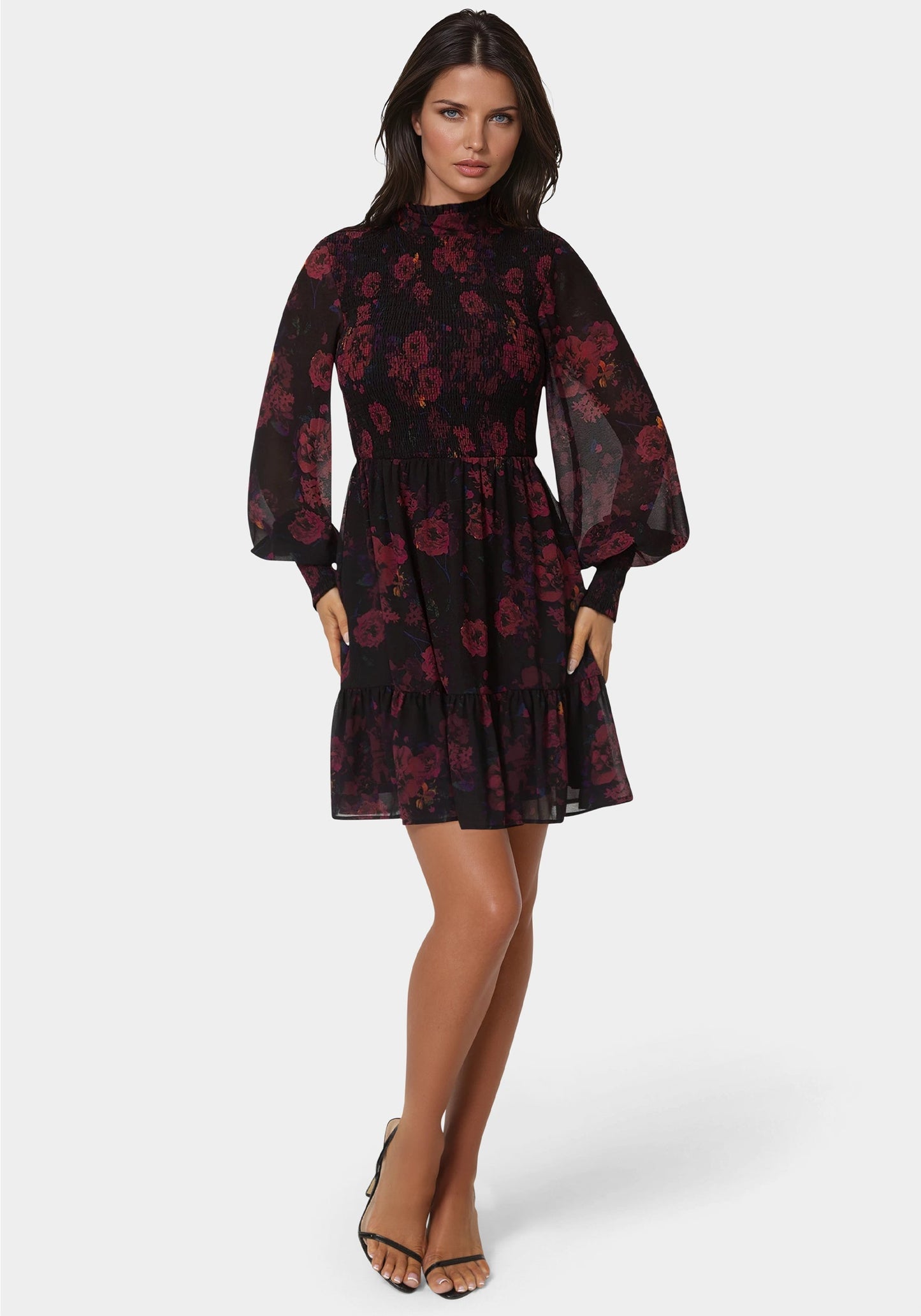 Long Sleeve Mock Neck Chifon Smocked Mini Dress