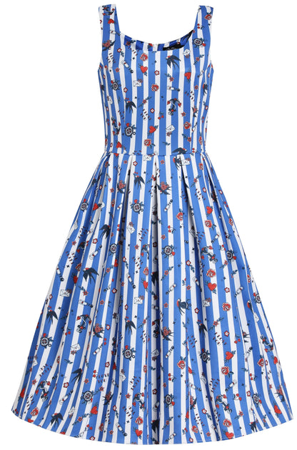 Amanda Blue Striped Rockabilly Swallow Swing Dress