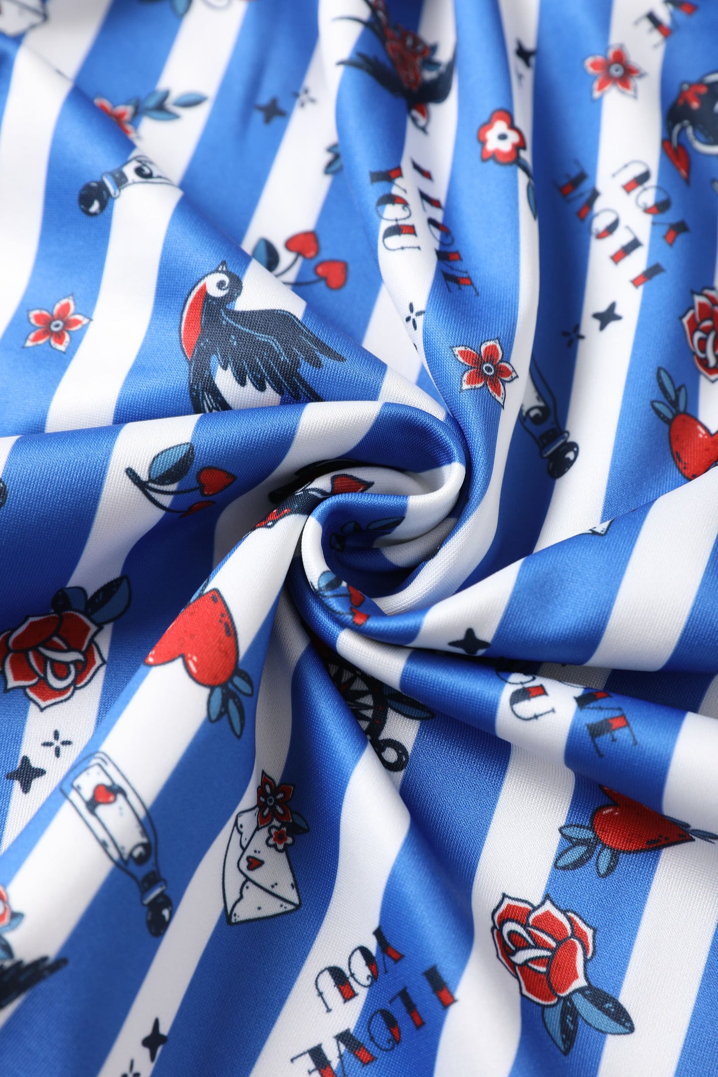Amanda Blue Striped Rockabilly Swallow Swing Dress