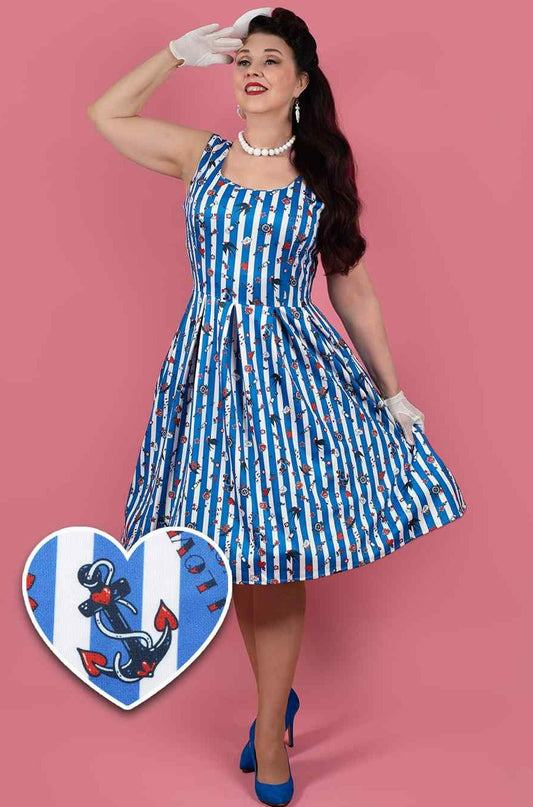 Amanda Blue Striped Rockabilly Swallow Swing Dress