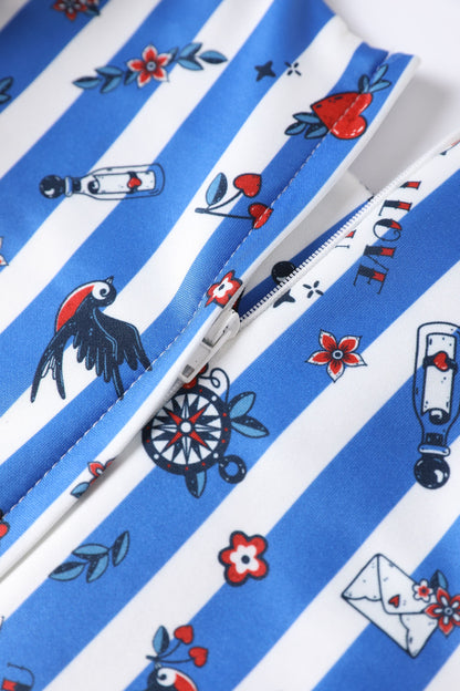Amanda Blue Striped Rockabilly Swallow Swing Dress