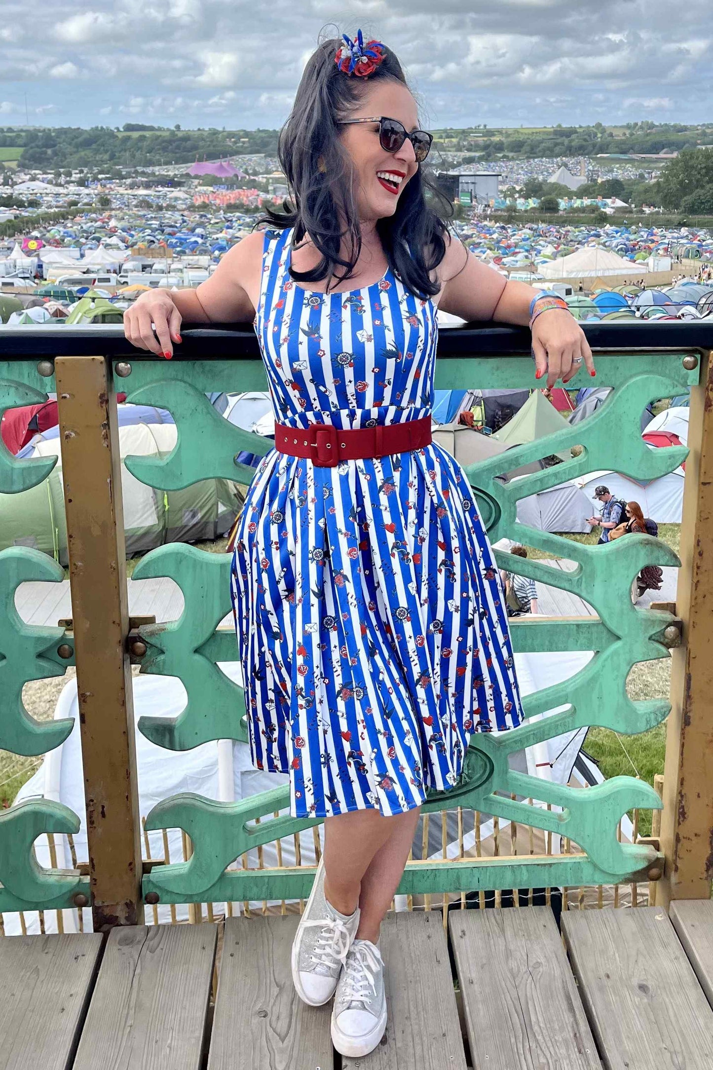 Amanda Blue Striped Rockabilly Swallow Swing Dress