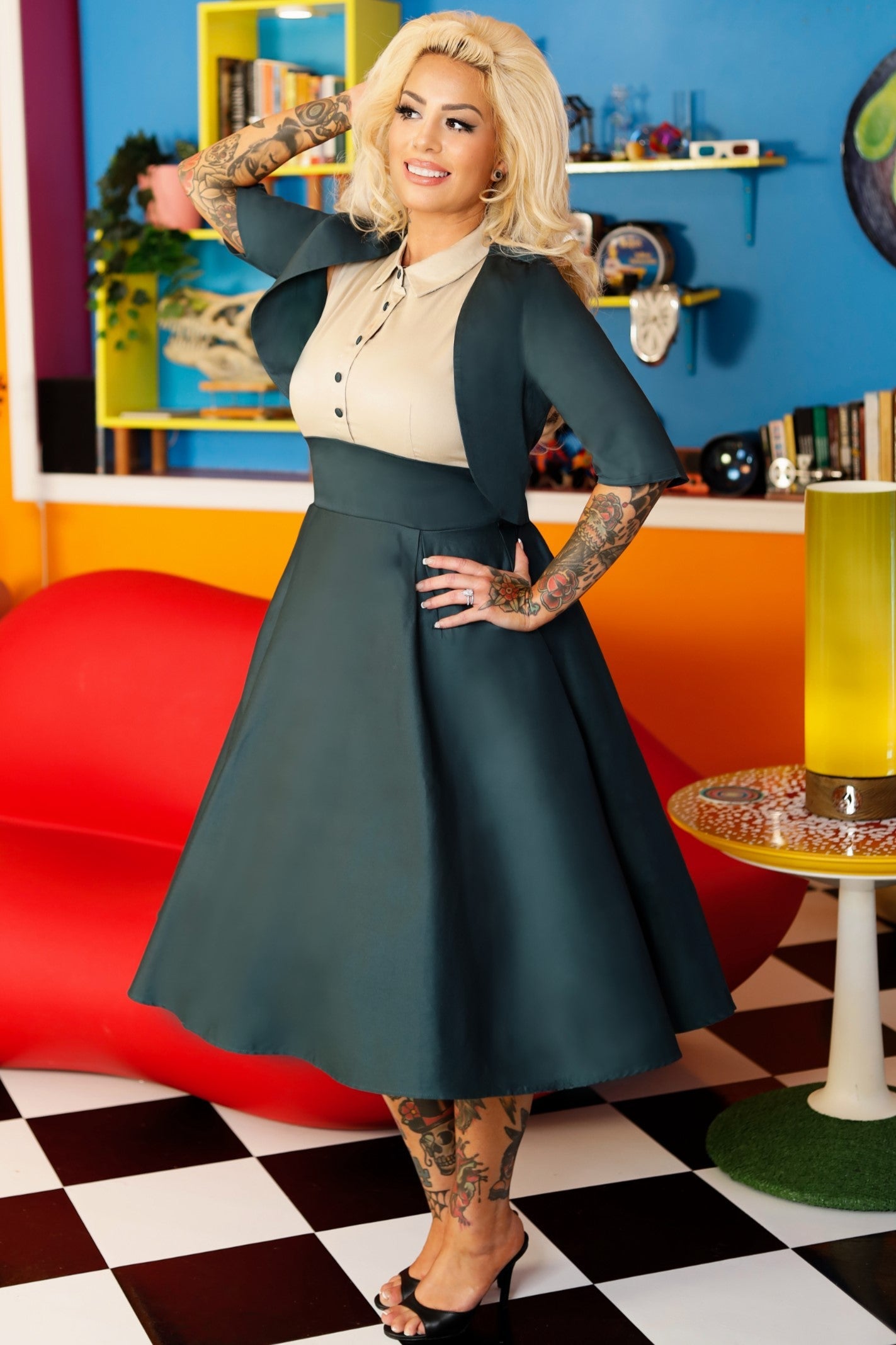 Lisa Button Up Shirt Dress in Cream and Dark Green
