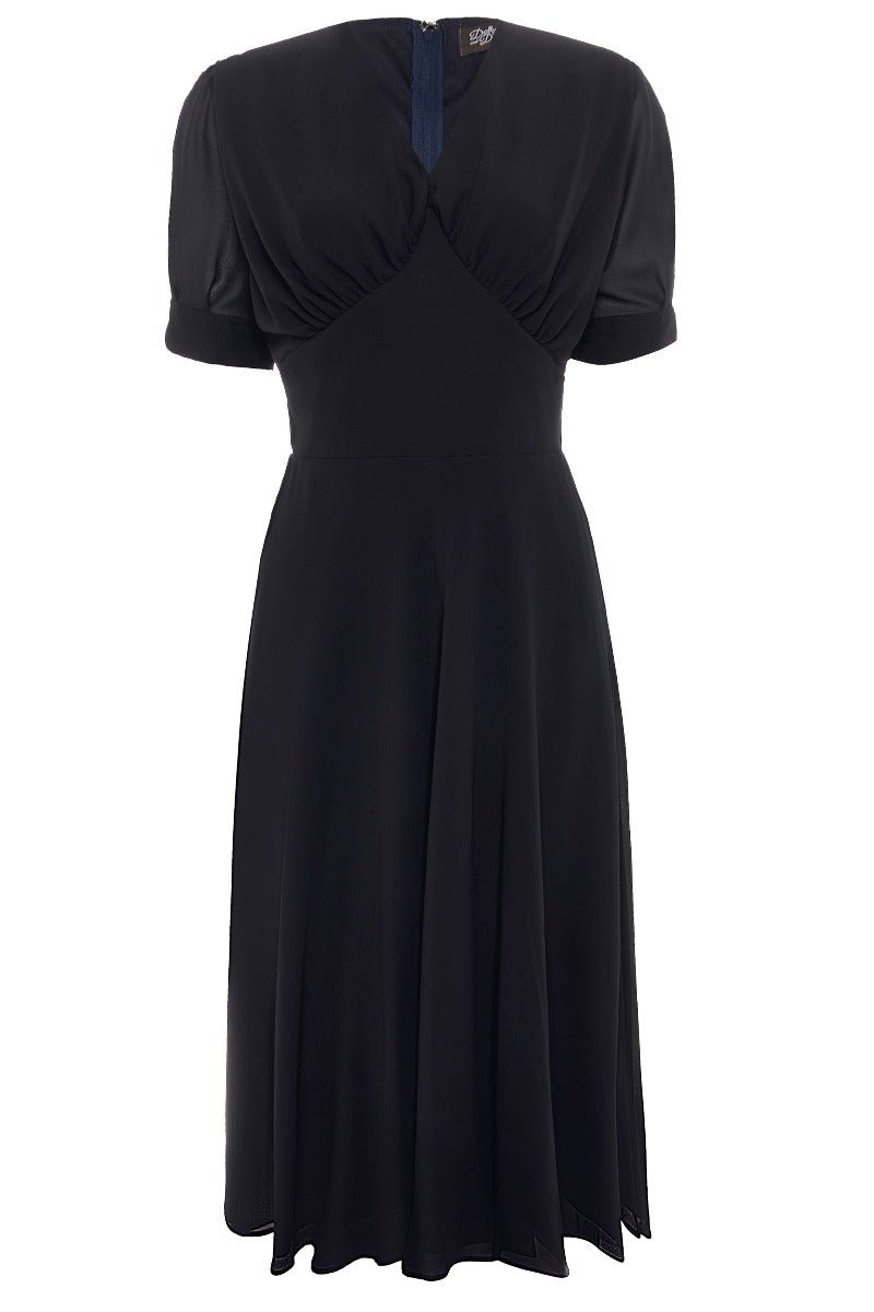 Elise 1940's Inspired Balloon Sleeves Chiffon Swing Dress in Navy