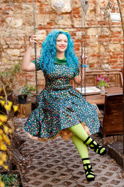 Darlene Cat & Plant Dress In Dark Green