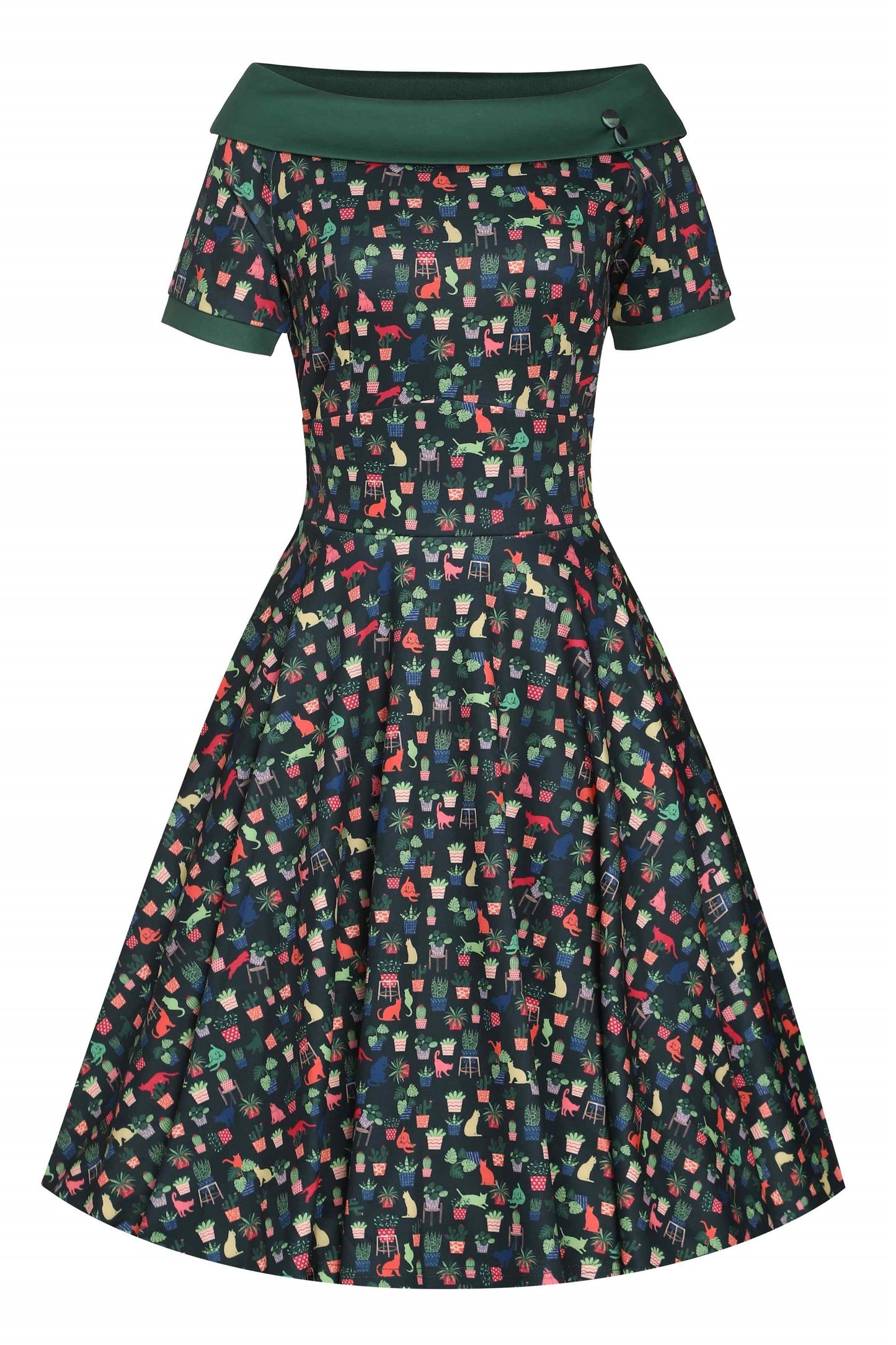 Darlene Cat & Plant Dress In Dark Green