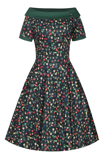 Darlene Cat & Plant Dress In Dark Green