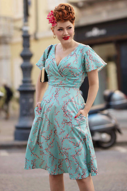 Donna Light Blue Cherry Blossom Tea Dress