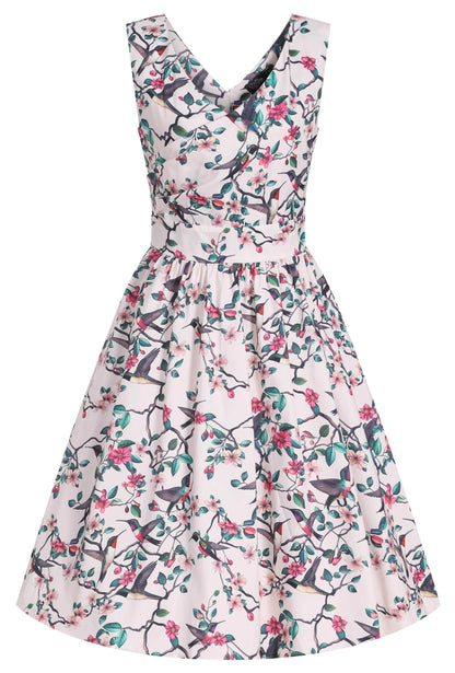 May Crossover Bust Circle Dress In White Bird Print