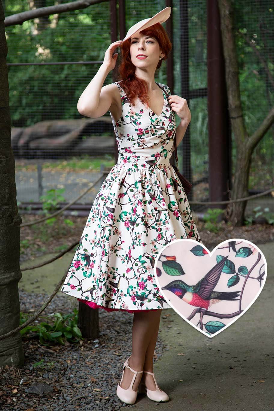 May Crossover Bust Circle Dress In White Bird Print