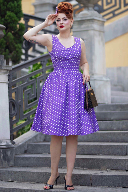 May Crossover Bust Purple White Polka Dot Dress