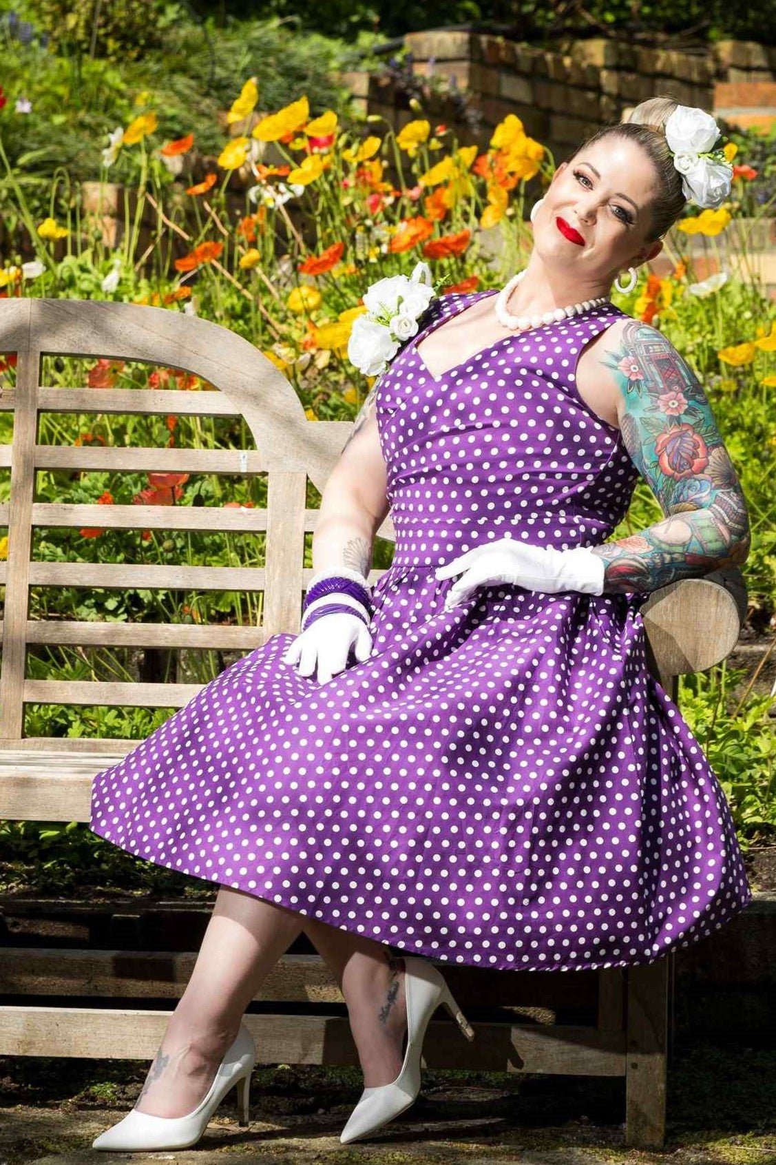 May Crossover Bust Purple White Polka Dot Dress