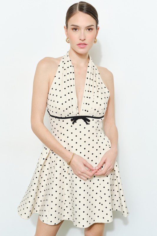 Raelynn Sleeveless Halter Open Back Polka Dot Print Mini Dress Ivory
