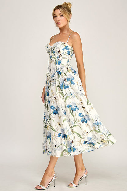 Waitlist 7/5 • Stassi Sleeveless Elegant Petal Floral Print Midi Dress Blue
