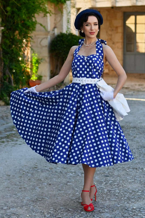 Daisy Dark Blue Polka Dot Halter Dress