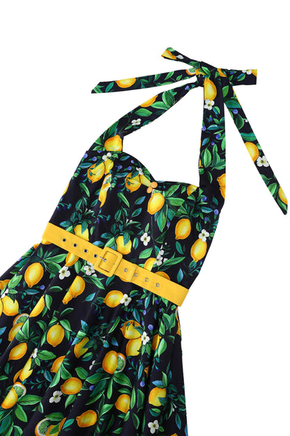 Daisy Lemon Halter Dress In Black