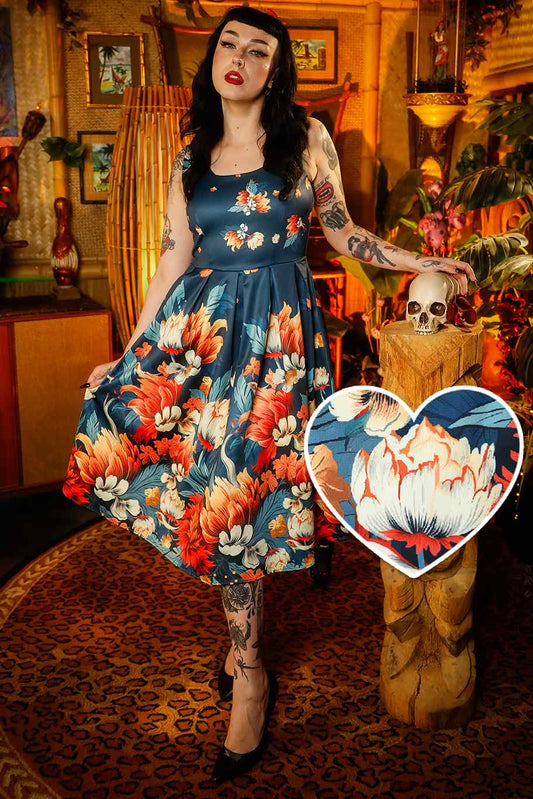 Amanda Dark Blue Flower Garden Swing Dress