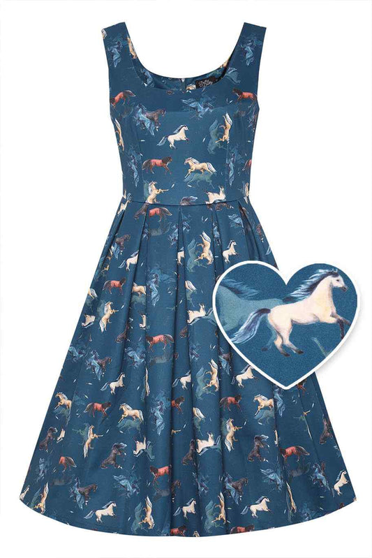 Amanda Dark Blue Horse Swing Dress