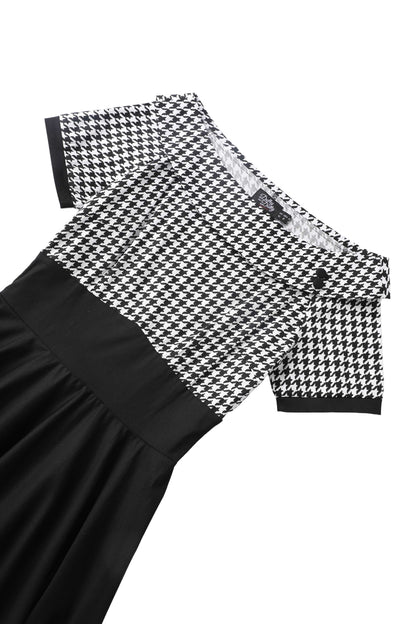 Darlene Houndstooth Roll Collar Circle Dress