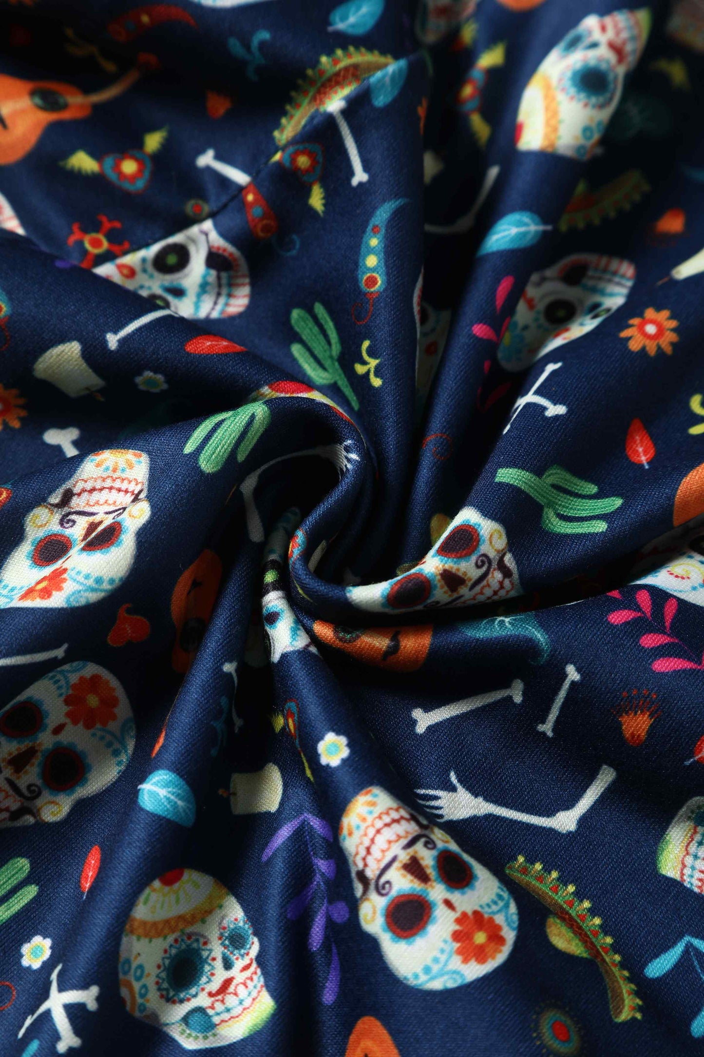 Claudia Navy Blue Dress with Day of the Dead Sugar Skulls